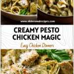 A bowl of creamy pesto chicken pasta with artichokes garnished with fresh basil and parmesan cheese.